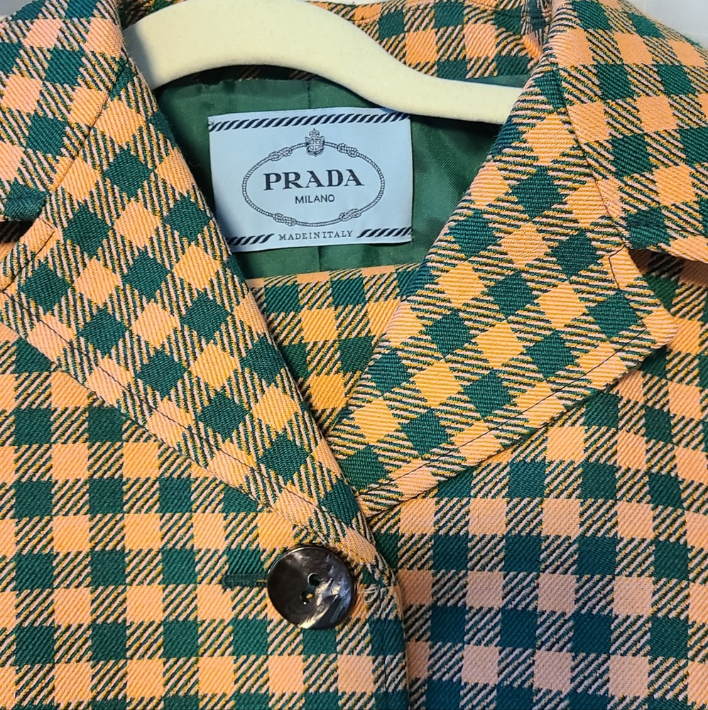 Prada orange/yellow and green gingham skirt suit vintage